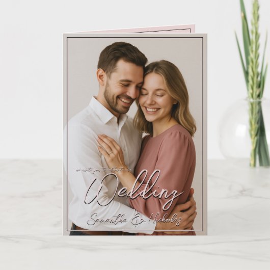 写真と書道の折り畳みミニマル結婚リスト 招待状 (正面)