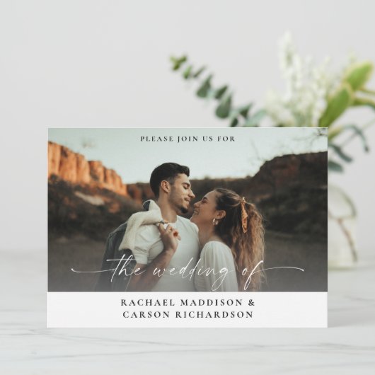 写真と書道3BFモダン水平結婚請求書 招待状 (スタンド正面)