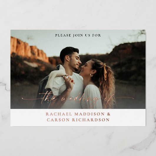 写真と書道3BFモダン水平結婚 箔招待状 (正面)