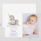 写真と白のユニコーン誕生日招待状 招待状 (正面/裏面)