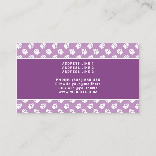 写真と紫と白の手 – 犬のトリマー 名刺 (裏面)