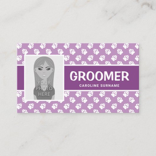 写真と紫と白の手 – 犬のトリマー 名刺 (正面)