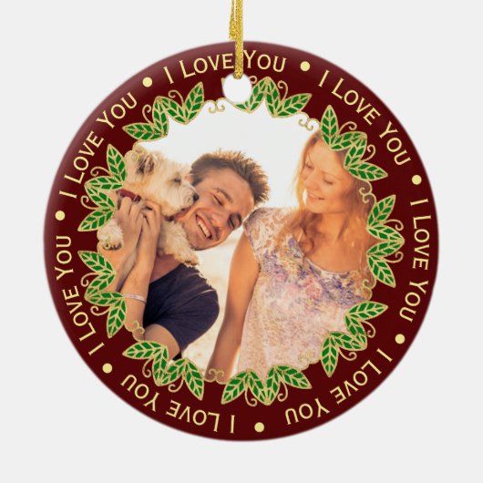 写真と編集可能文字 |赤エレガントと金ゴールド セラミックオーナメント (裏面)