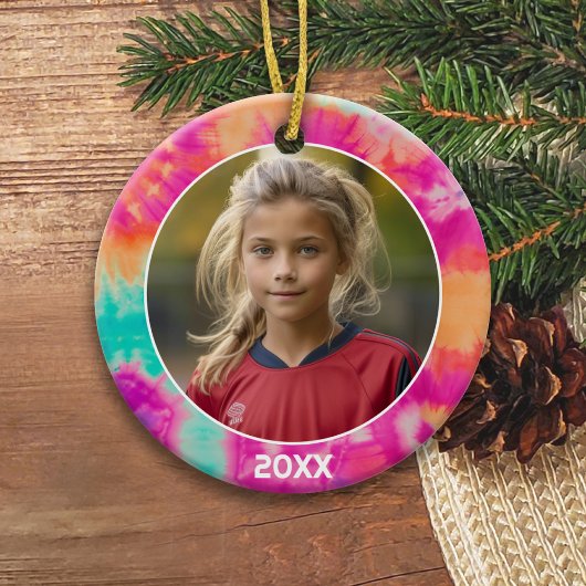 写真と縁ど年の絞り染め – ピンクのティール(緑がかった色) セラミックオーナメント