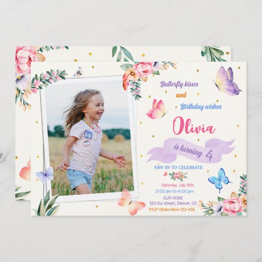 写真と蝶の誕生日の招待写真 招待状 (正面/裏面)
