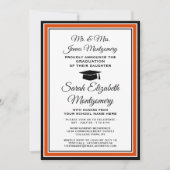 写真と親の名前オレンジと黒の卒業 招待状 (正面)