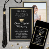 写真と親の名前ブラック金ゴールド卒業パーティー 招待状