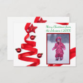 写真と赤いリボンツリー – 3x5クリスマスカード 招待状 (正面/裏面)
