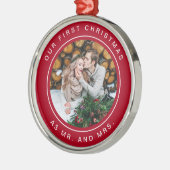 写真と赤と白最初結婚したなクリスマス| メタルオーナメント (左)