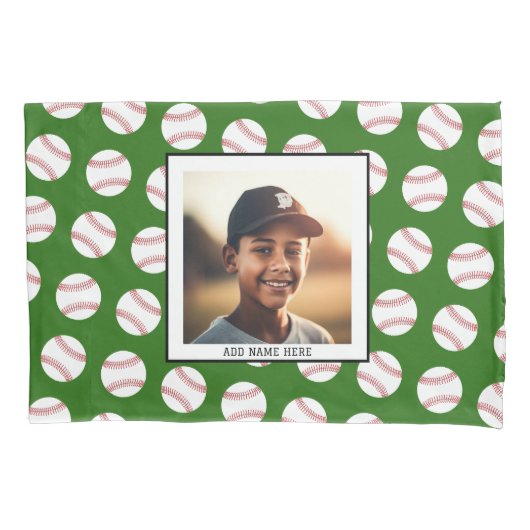 写真と野球のパターン – Team Sports Green 枕カバー (正面)