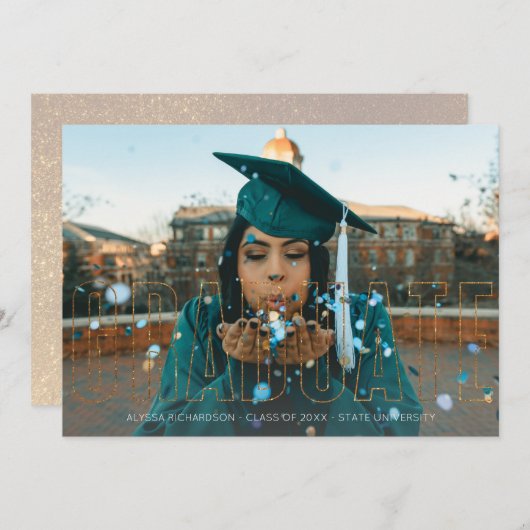 写真と金ゴールドグリッターx2研究発表 招待状 (正面/裏面)