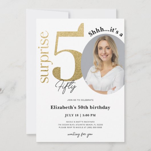 写真と驚きの50番目の金ゴールド誕生日招待状 招待状 (正面)