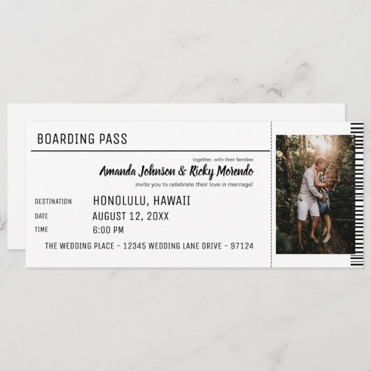 写真と黒と白の目的地の結婚式 招待状 (正面/裏面)