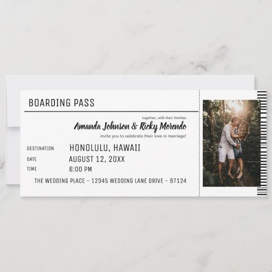 写真と黒と白の目的地の結婚式 招待状 (正面)