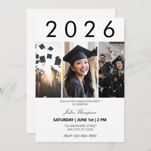 写真と黒のタイポグラフィ卒業パーティー 招待状 (正面/裏面)