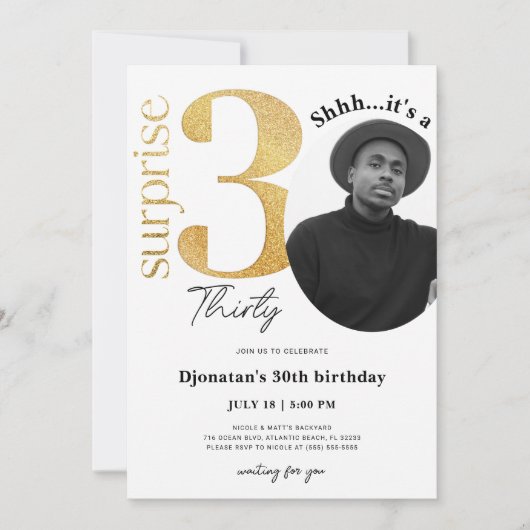 写真と30番目の金ゴールド誕生日招待状 招待状 (正面)