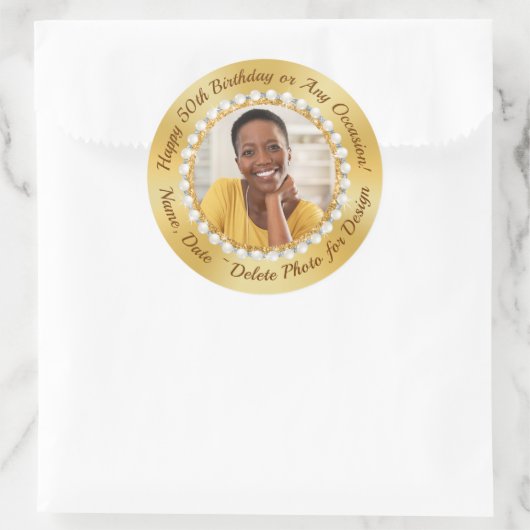 写真と50パーソナライズされた番目の誕生日シール ラウンドシール (バッグ)