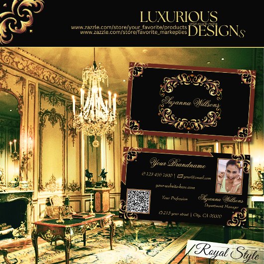 写真とQRコードを含むノーブルブラックブラウン金ゴールド 名刺