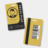 写真とQRコード付き白黒金ゴールドメディアパス バッジ (正面＆裏面)