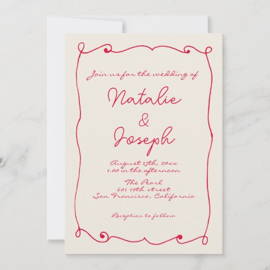 写真とQRコード手書レトロおもしろい結婚 招待状 (正面)