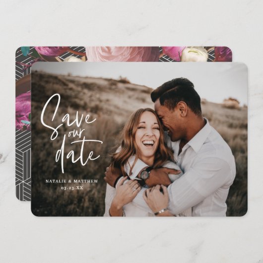 写真のような花柄の幾何学的な結婚式の写真 セーブザデート (正面/裏面)