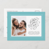 写真のアクアシ結婚ックの日付をエレガント保存 案内ポストカード (正面/裏面)