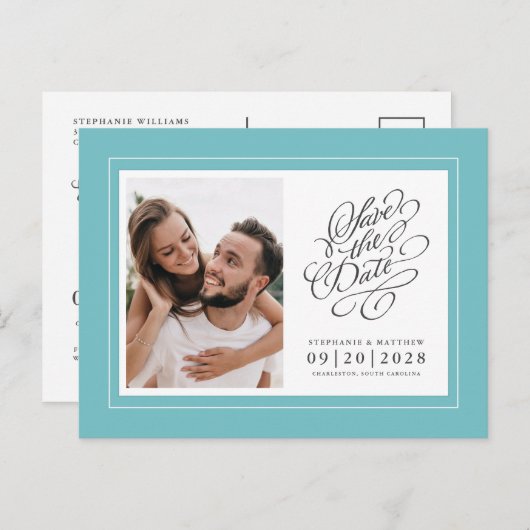 写真のアクアシ結婚ックの日付をエレガント保存 案内ポストカード (正面/裏面)