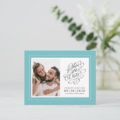 写真のアクアシ結婚ックの日付をエレガント保存 案内ポストカード (スタンド正面)