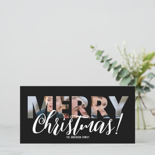 写真のアップロード文字白黒クリスマス シーズンカード (スタンド正面)