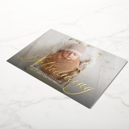 写真のエレガント誕生発表の紹介 箔招待状 (回転した状態)
