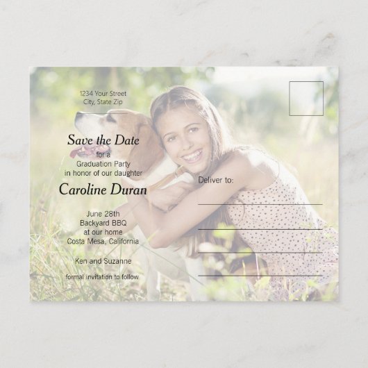 写真のカジュアル卒業式のスクリプト日付の保存 ポストカード (裏面)