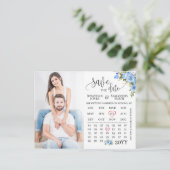 写真のカレンダーを保存する青いフローラ結婚 ポストカード (スタンド正面)
