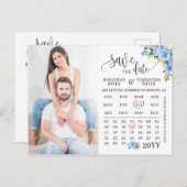 写真のカレンダーを保存する青いフローラ結婚 ポストカード (正面/裏面)