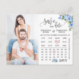 写真のカレンダーを保存する青いフローラ結婚 ポストカード
