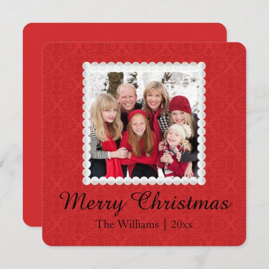 写真のクリスマスカード|の赤いダマスク織のメリークリスマス シーズンカード (正面/裏面)