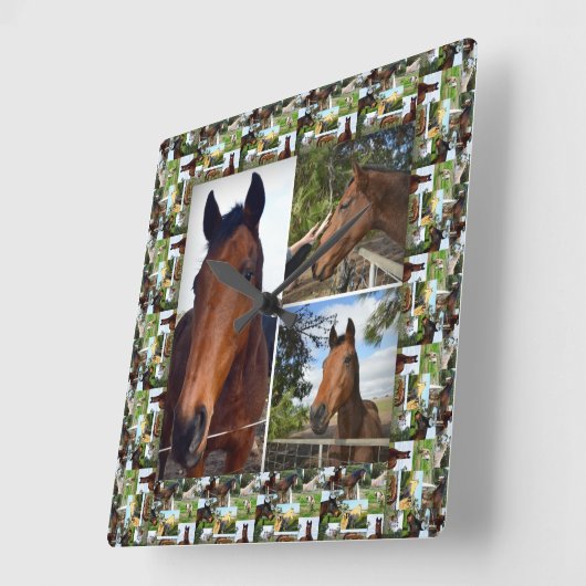 写真のコラージュに茶色の馬の額を入れ スクエア壁時計 (傾斜)