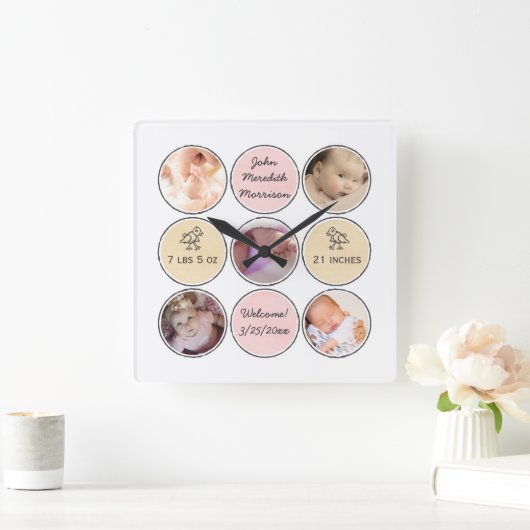 写真のコラージュの女の赤ちゃんの名前、誕生statsおよびアヒル スクエア壁時計 (ホーム)
