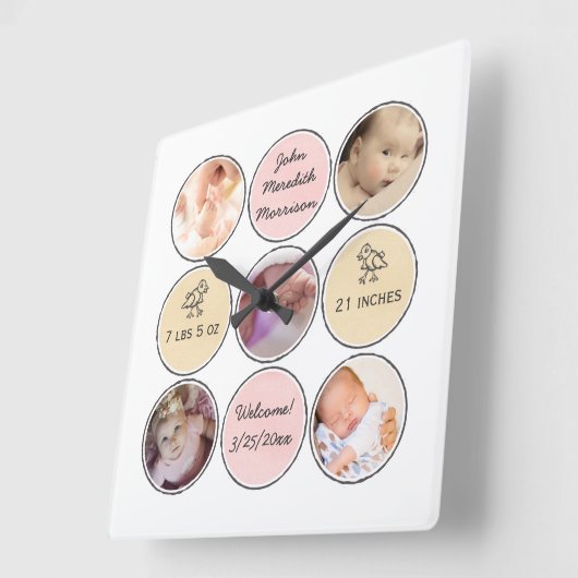 写真のコラージュの女の赤ちゃんの名前、誕生statsおよびアヒル スクエア壁時計 (傾斜)