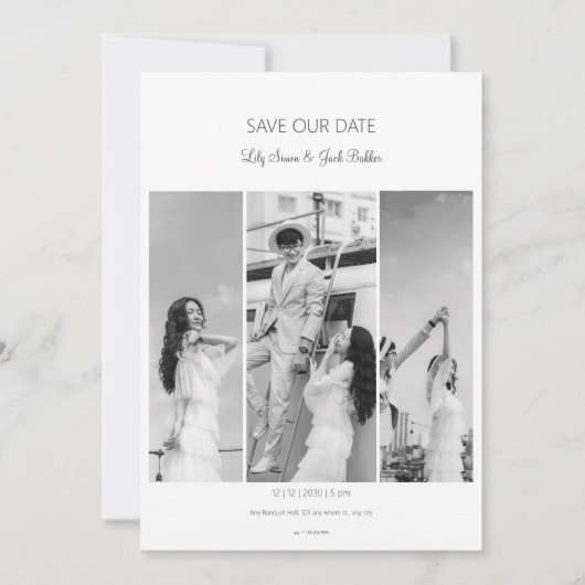 写真のコラージュの日付を白黒結婚に 招待状 (正面)