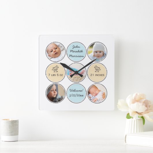 写真のコラージュの男の赤ちゃんの名前、誕生statsおよびアヒル スクエア壁時計 (ホーム)