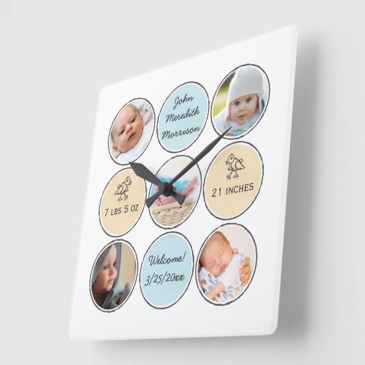 写真のコラージュの男の赤ちゃんの名前、誕生statsおよびアヒル スクエア壁時計 (傾斜)