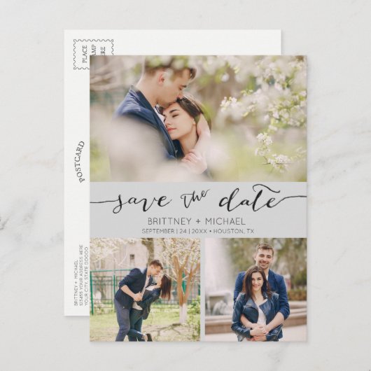 写真のコラージュ手書き、日付の灰色を保存 案内ポストカード (正面/裏面)