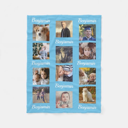 写真のコラージュ12のInstagramの写真の子供の名前の青 フリースブランケット (正面)