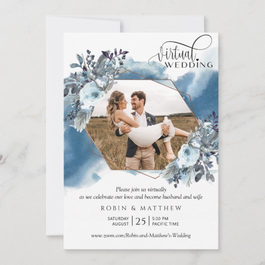 写真のコラージュ、幾何学的な青いバーチャルウェディング 招待状 (正面)