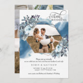 写真のコラージュ、幾何学的な青いバーチャルウェディング 招待状 (正面/裏面)