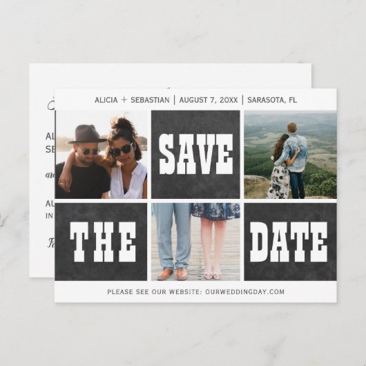 写真のコラージュ 現代のタイポグラフィー 保存日 結婚式 案内ポストカード (正面/裏面)