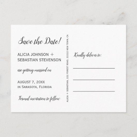 写真のコラージュ 現代のタイポグラフィー 保存日 結婚式 案内ポストカード (裏面)