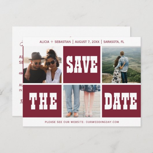 写真のコラージュ 現代のタイポグラフィー 保存日 結婚式 案内ポストカード (正面/裏面)