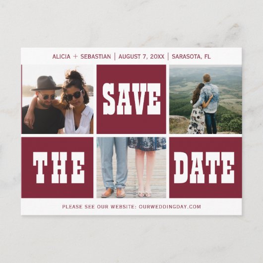 写真のコラージュ 現代のタイポグラフィー 保存日 結婚式 案内ポストカード (正面)