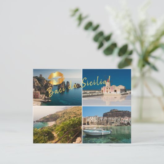 写真のコラージュSicilyとキス ポストカード (スタンド正面)